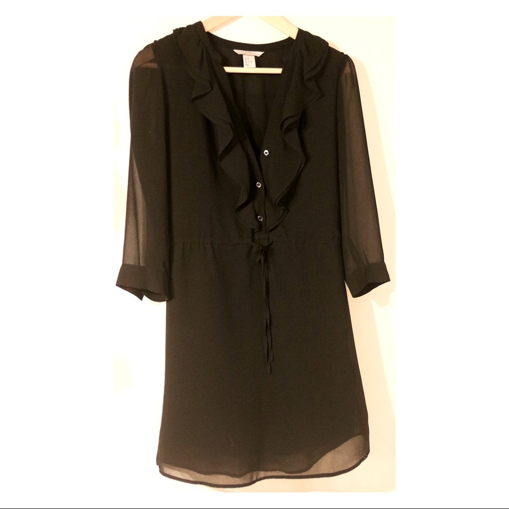 Black H&M Dress With Ruffles and Drawstring. Long Sleeves. Size 36 (S)